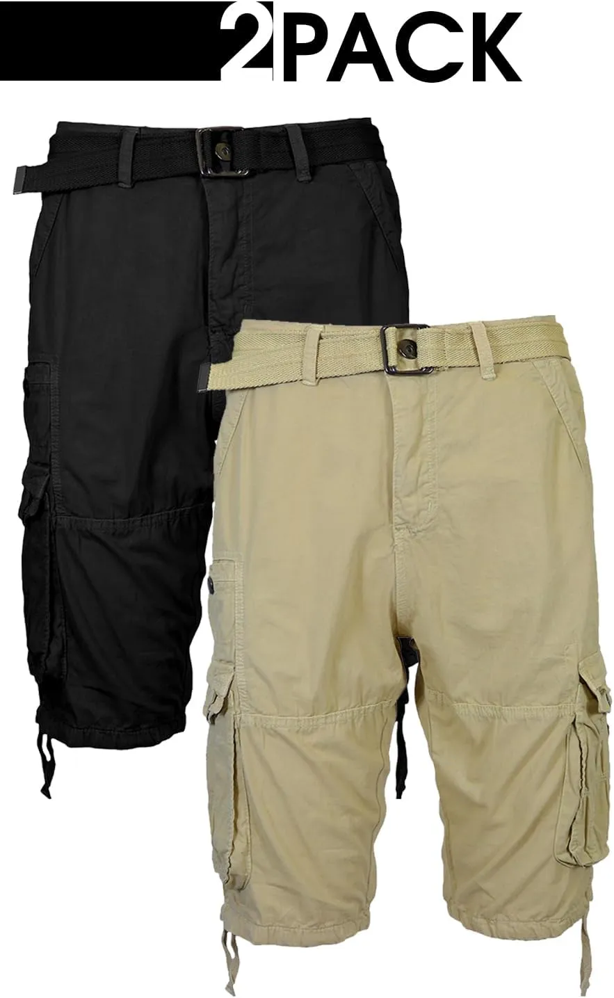 2 Pack Men's Distressed Cotton Cargo Belted Shorts (Size 30-42)