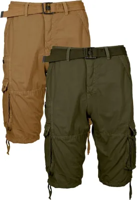 2 Pack Men's Distressed Cotton Cargo Belted Shorts (Size 30-42)