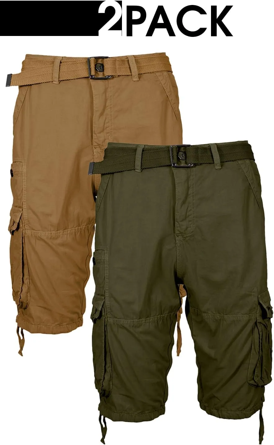 2 Pack Men's Distressed Cotton Cargo Belted Shorts (Size 30-42)