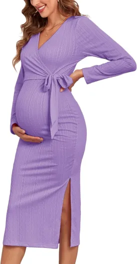 2024 Fall Rib Knit Maternity Nursing Dress Knot Side Long Sleeve V Neck Bodycon Wrap Pregnancy Split Dresses