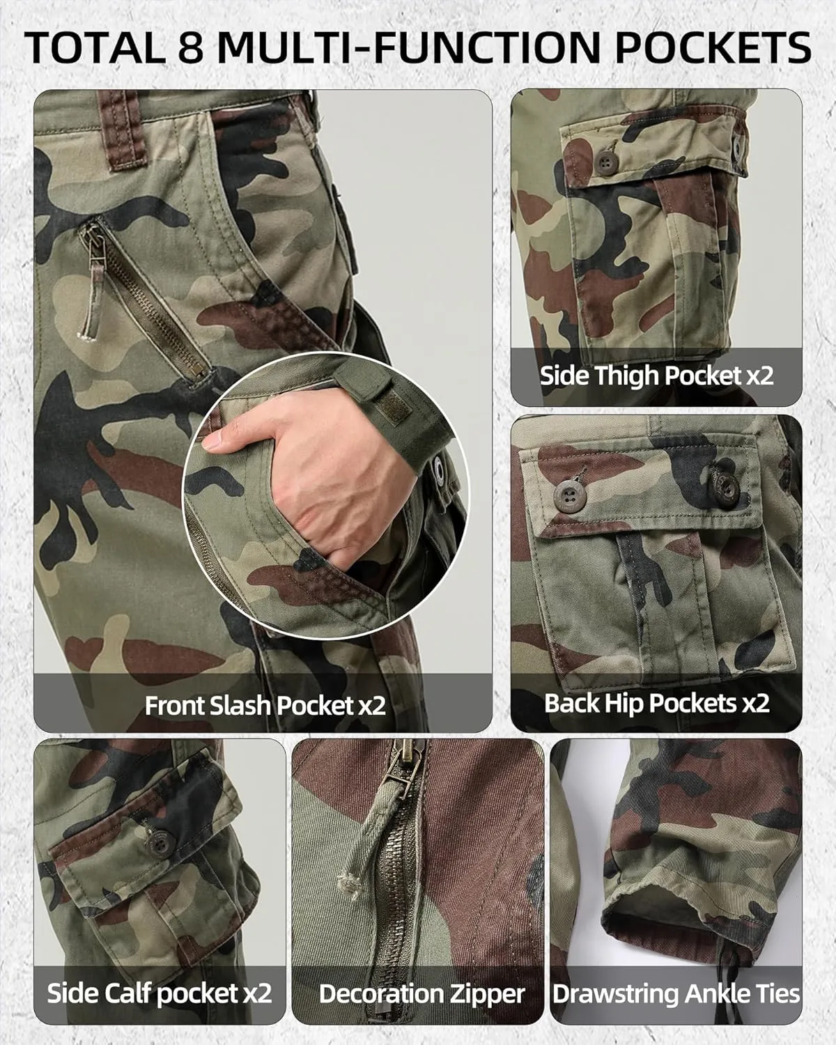 AKARMY Men's Camo Cargo Work Pants Cotton Casual Tactical Combat Military Wild BDU Ripstop Trousers with Multi Pockets