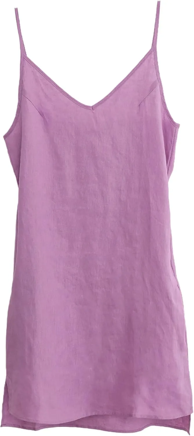 Amazhiyu 100% Linen V Neck Spaghetti Strap Sleeveless Summer Dresses with Slit