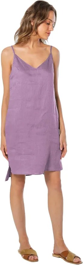Amazhiyu 100% Linen V Neck Spaghetti Strap Sleeveless Summer Dresses with Slit