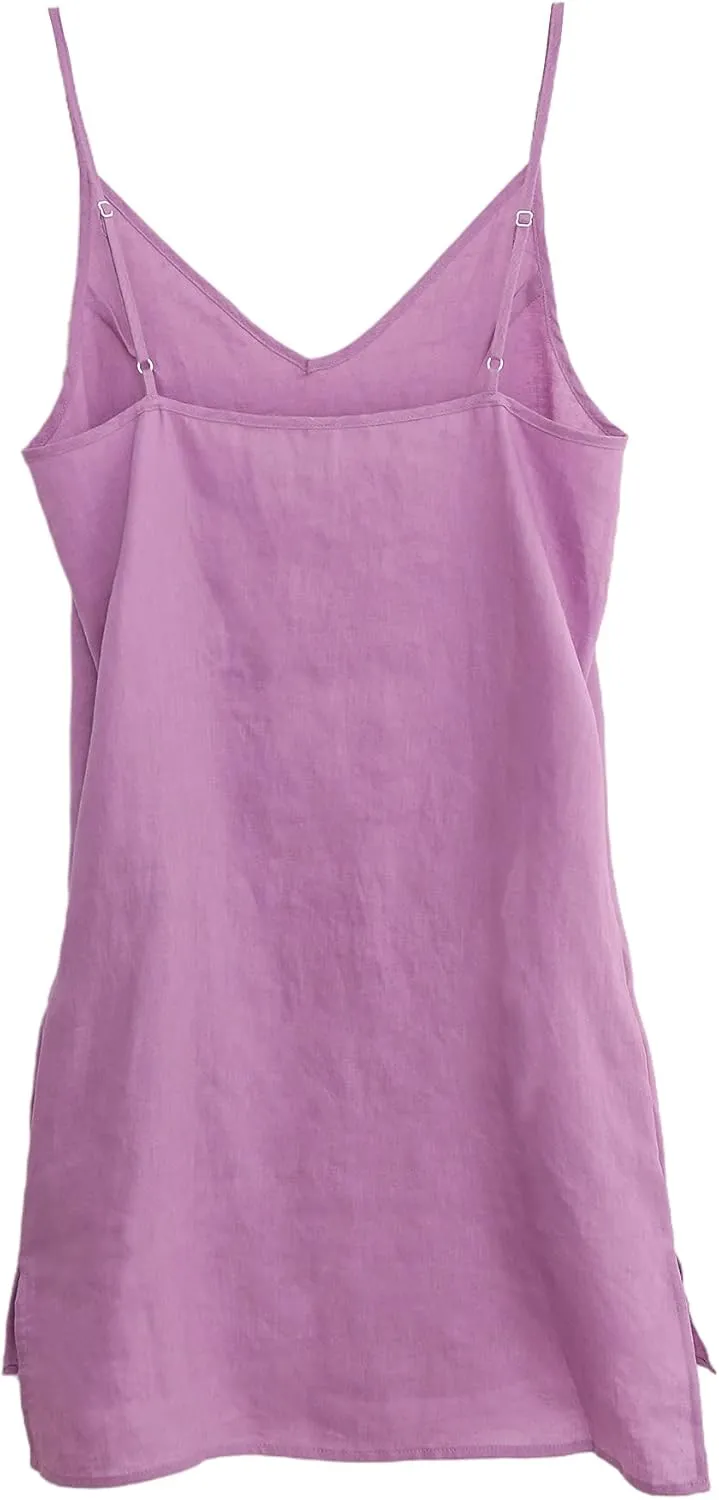 Amazhiyu 100% Linen V Neck Spaghetti Strap Sleeveless Summer Dresses with Slit