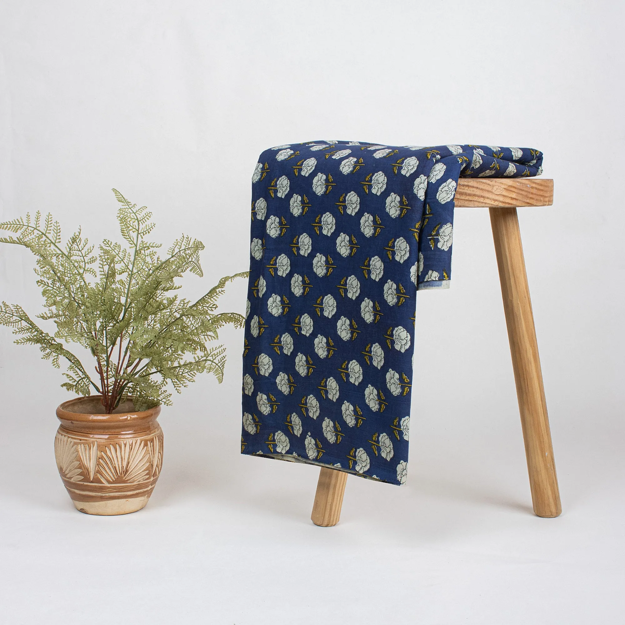 Blue Floral Soft Cotton Bagru Print Fabric