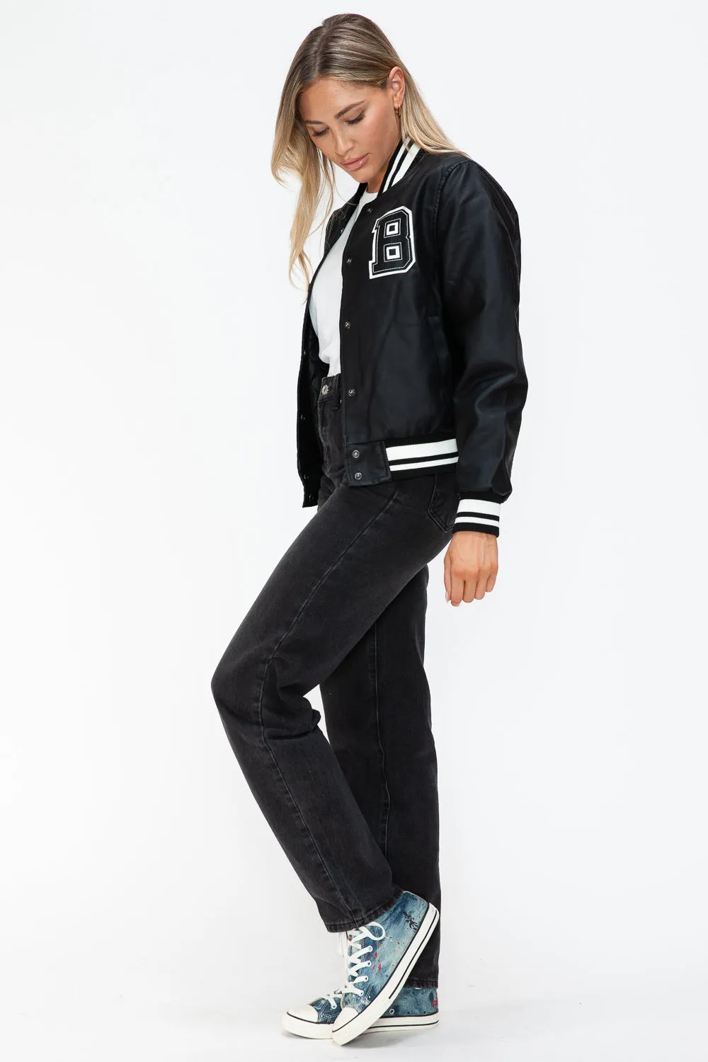 Blue Zone Planet |  Love Me Now PU Leather Contrast Snap Down Bomber Jacket