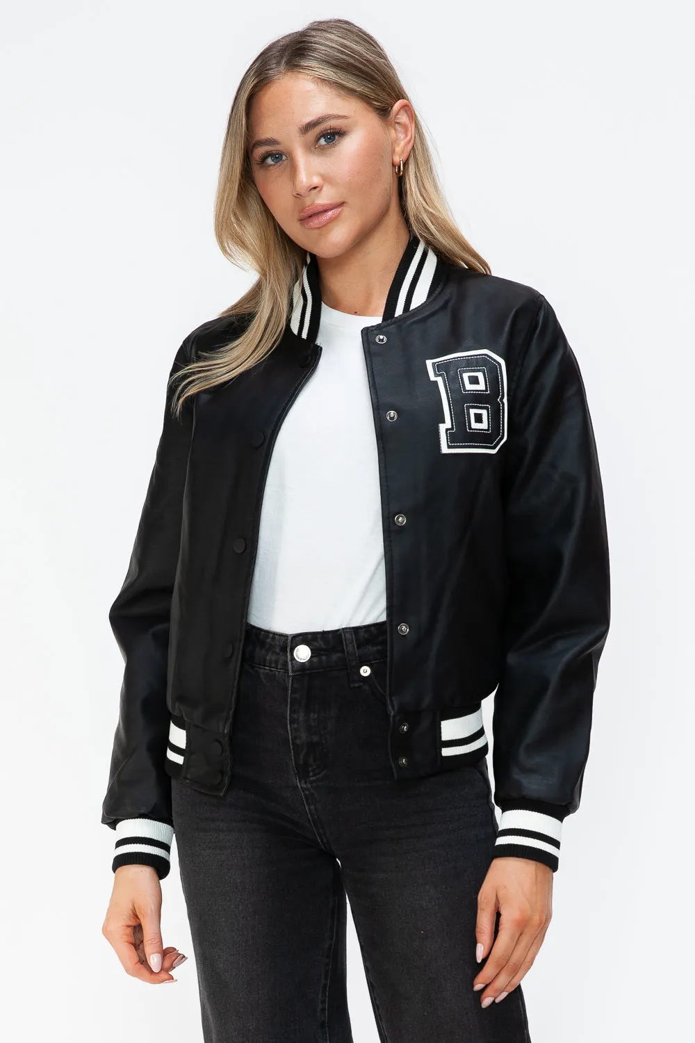 Blue Zone Planet |  Love Me Now PU Leather Contrast Snap Down Bomber Jacket