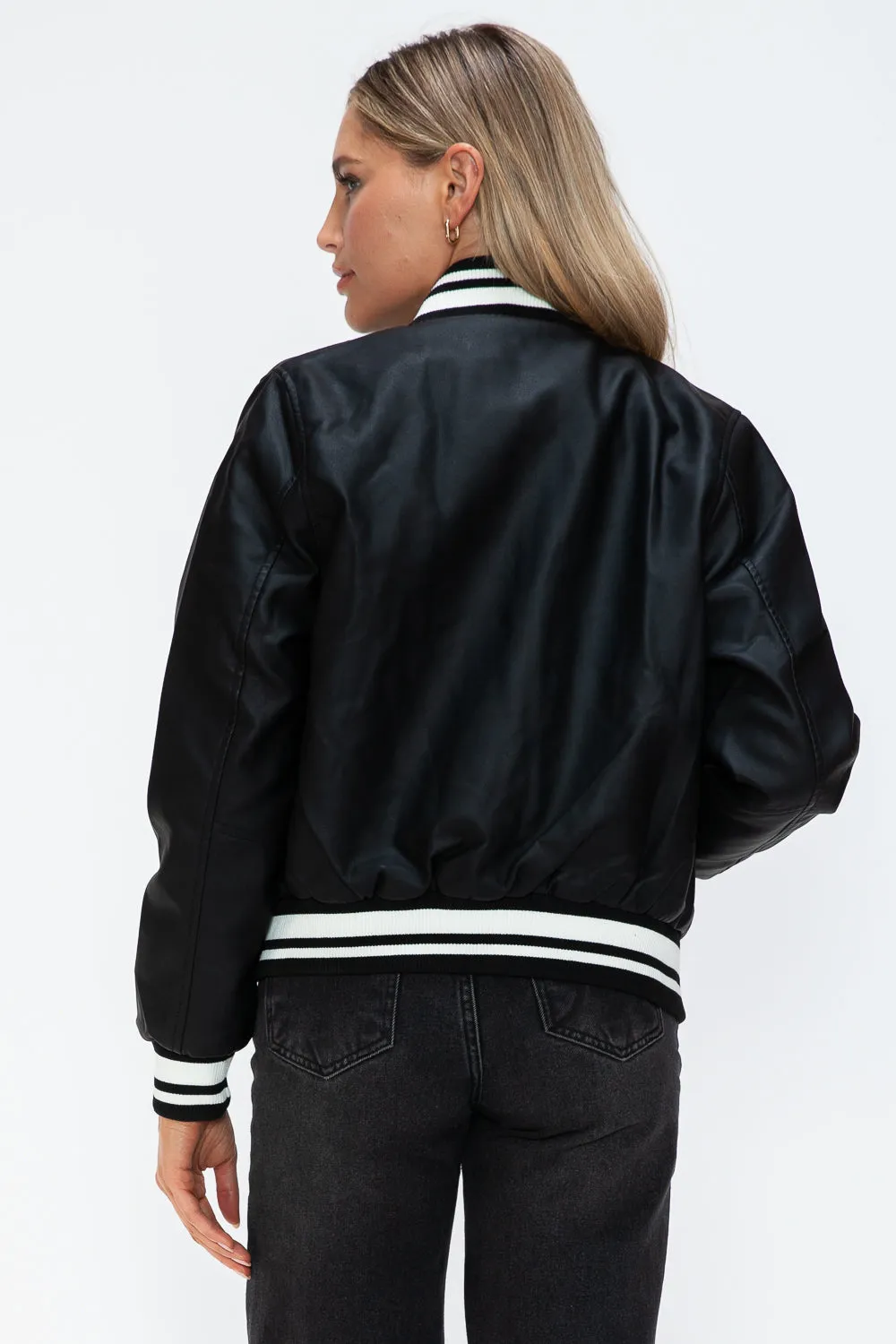 Blue Zone Planet |  Love Me Now PU Leather Contrast Snap Down Bomber Jacket