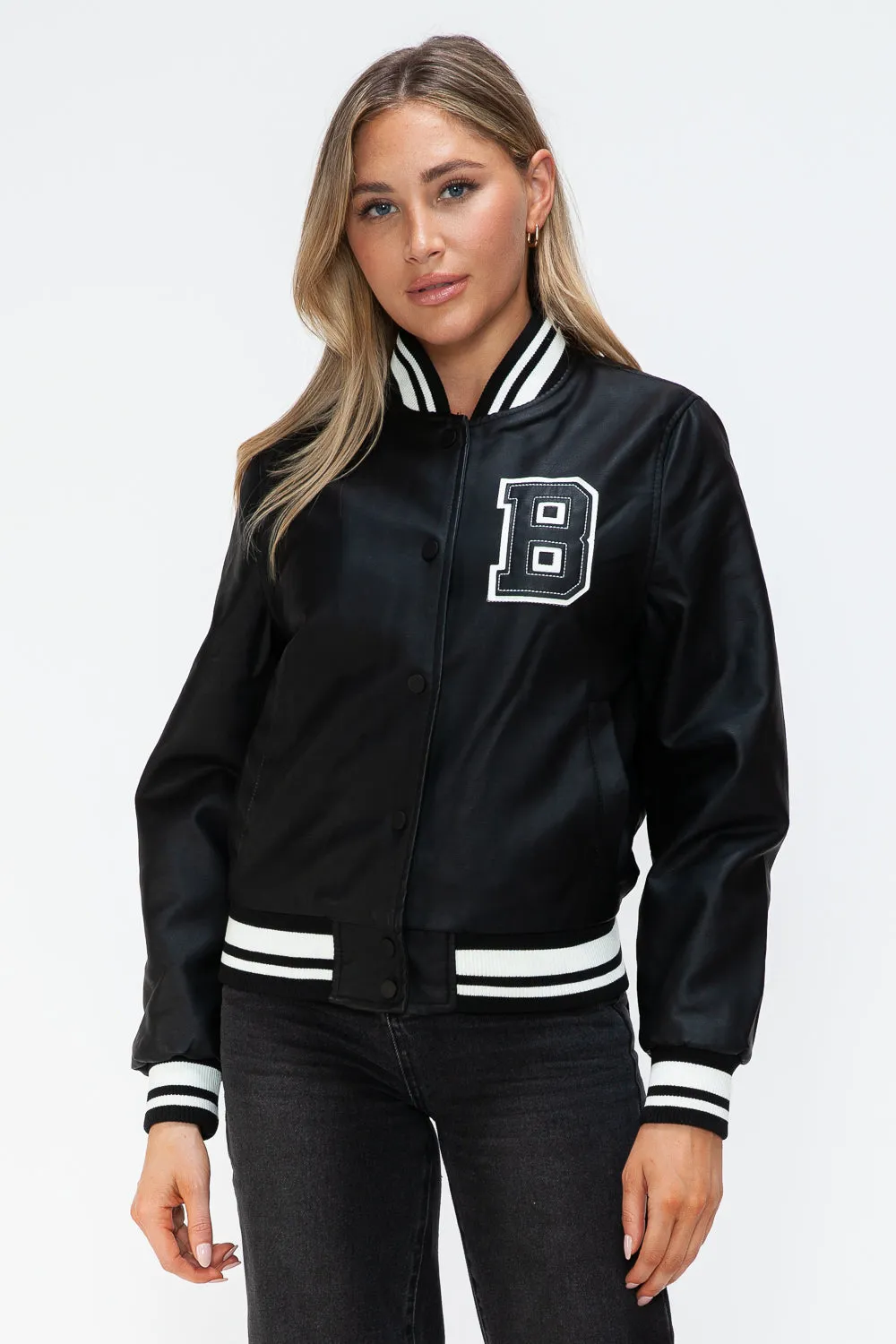 Blue Zone Planet |  Love Me Now PU Leather Contrast Snap Down Bomber Jacket
