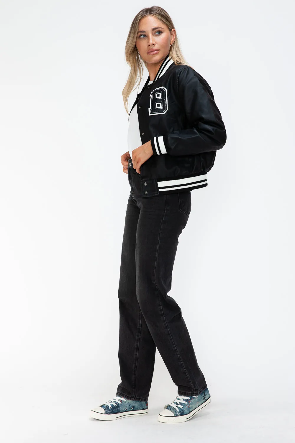 Blue Zone Planet |  Love Me Now PU Leather Contrast Snap Down Bomber Jacket