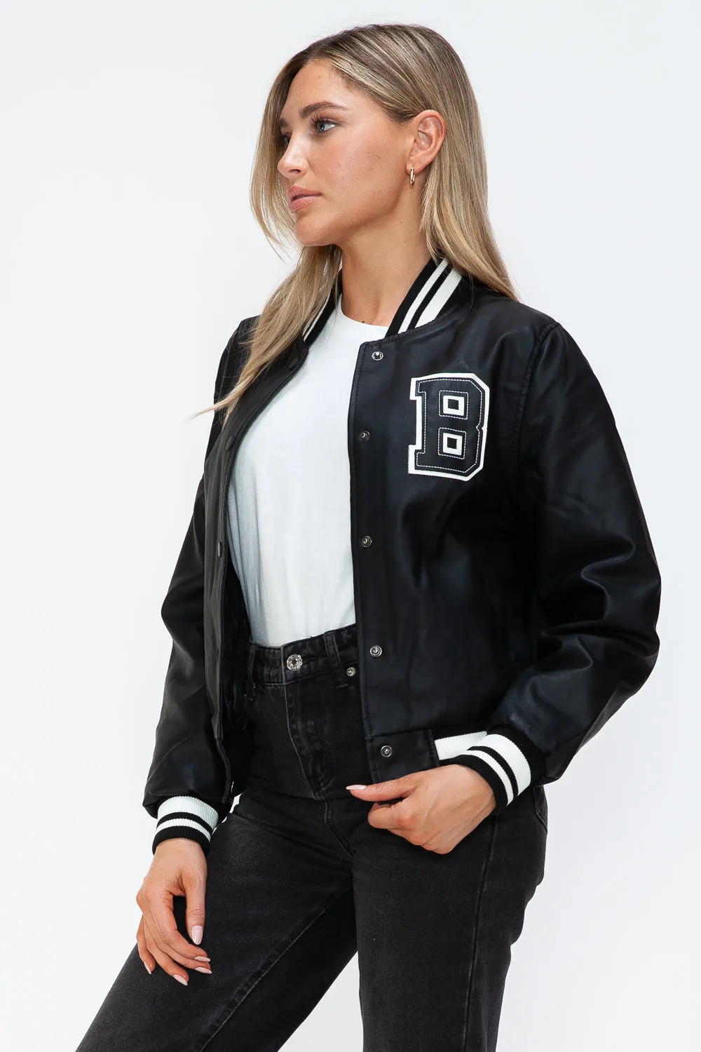 Blue Zone Planet |  Love Me Now PU Leather Contrast Snap Down Bomber Jacket