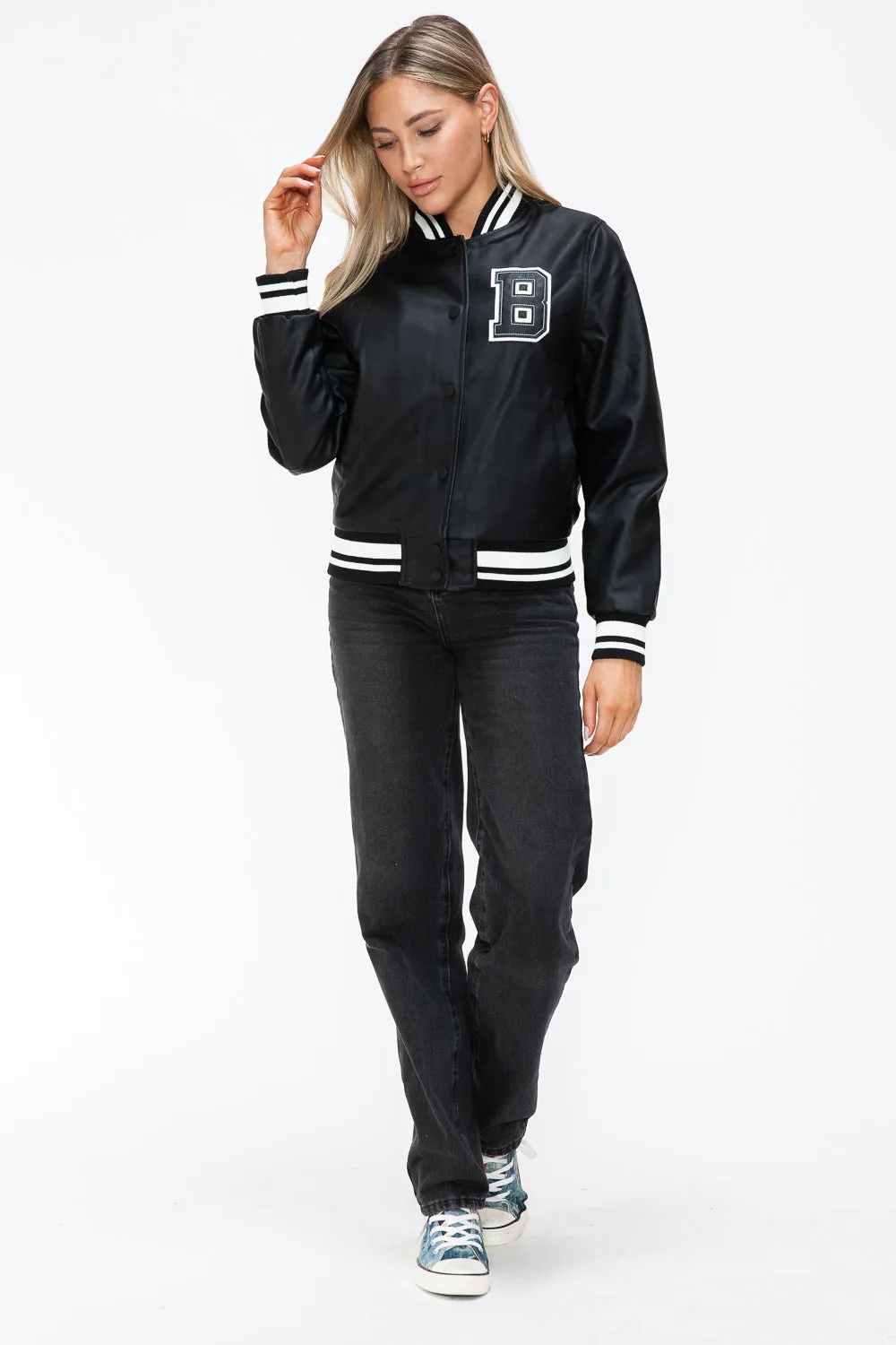 Blue Zone Planet |  Love Me Now PU Leather Contrast Snap Down Bomber Jacket