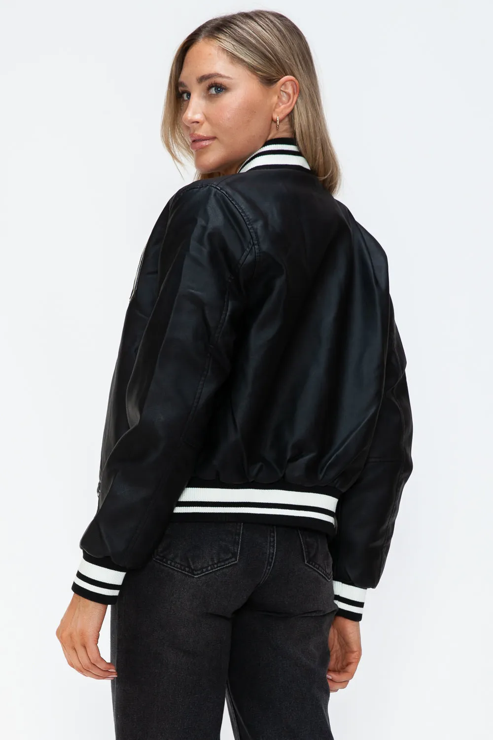 Blue Zone Planet |  Love Me Now PU Leather Contrast Snap Down Bomber Jacket