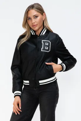 Blue Zone Planet |  Love Me Now PU Leather Contrast Snap Down Bomber Jacket