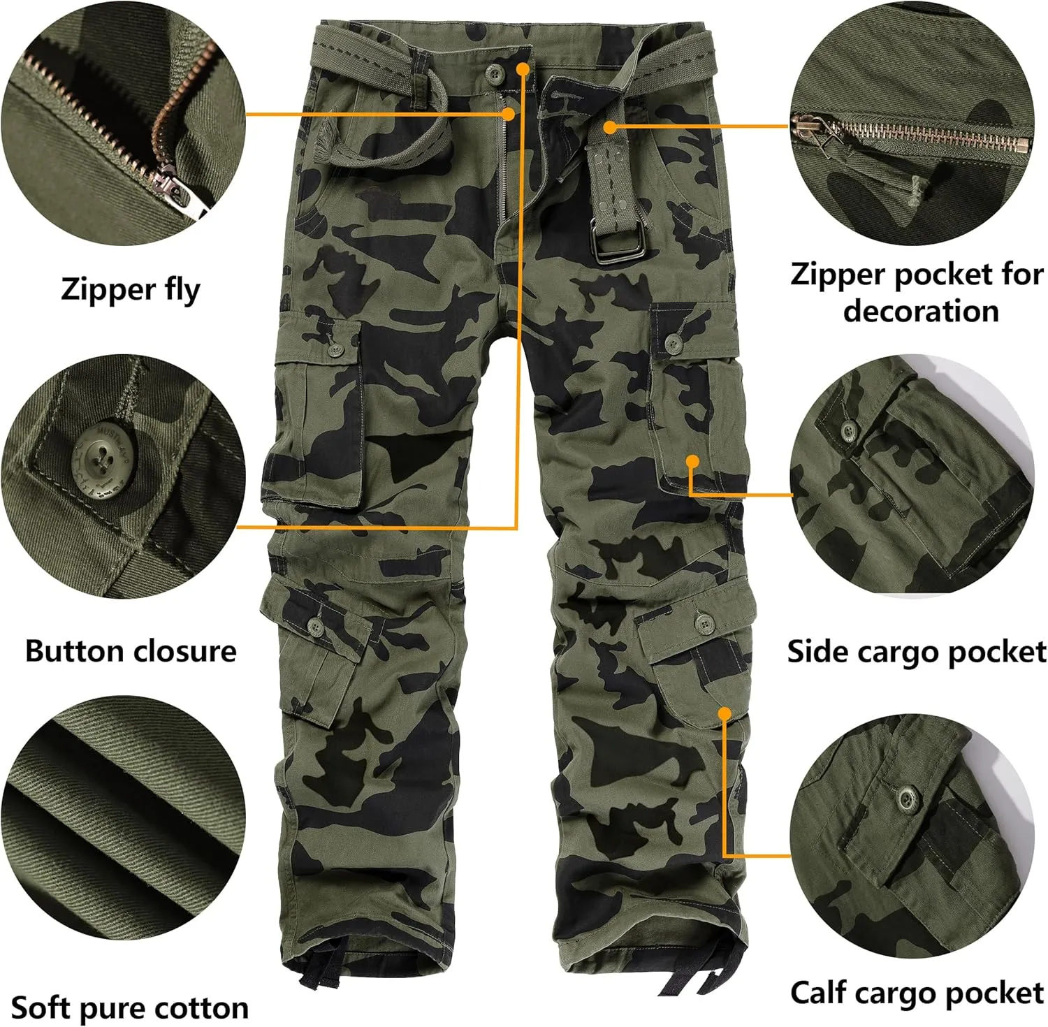 Cargo Pants for Men Casual Outdoor Relaxed Fit Camo Work Pants with 8 Pockets No Belt