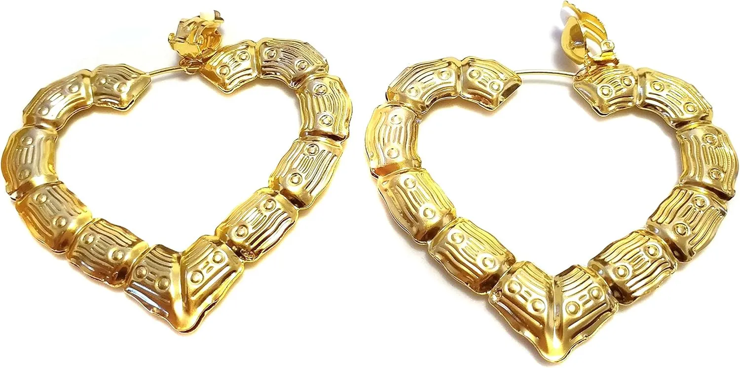 Clip-on Earrings Bamboo Heart Gold Tone Hoop Earrings 3 inch