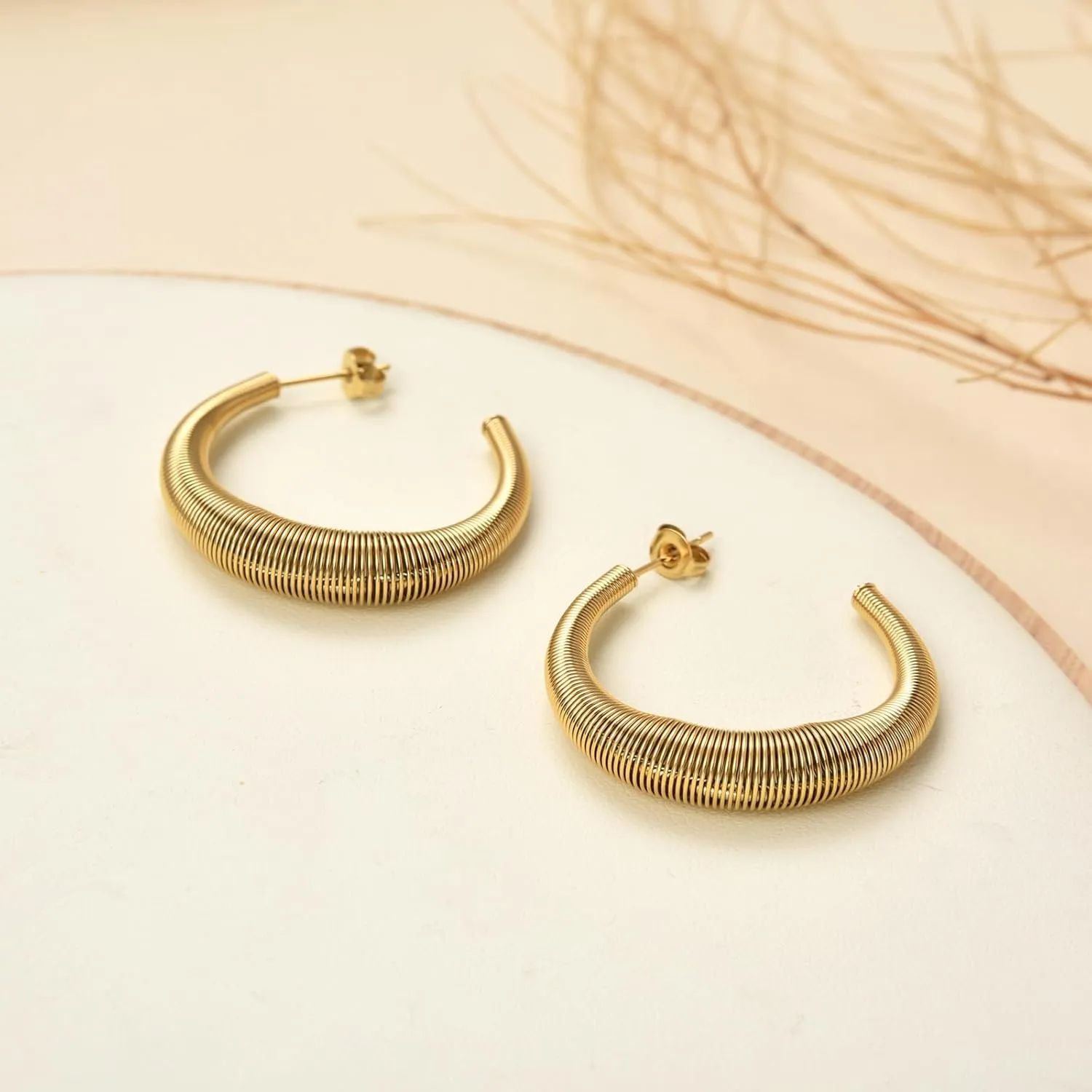 Coil Spring Hoop Earrings For Women, 18K Gold Plated Stainless steel Hoop Huggie Earrings Chunky Twisted Bamboo