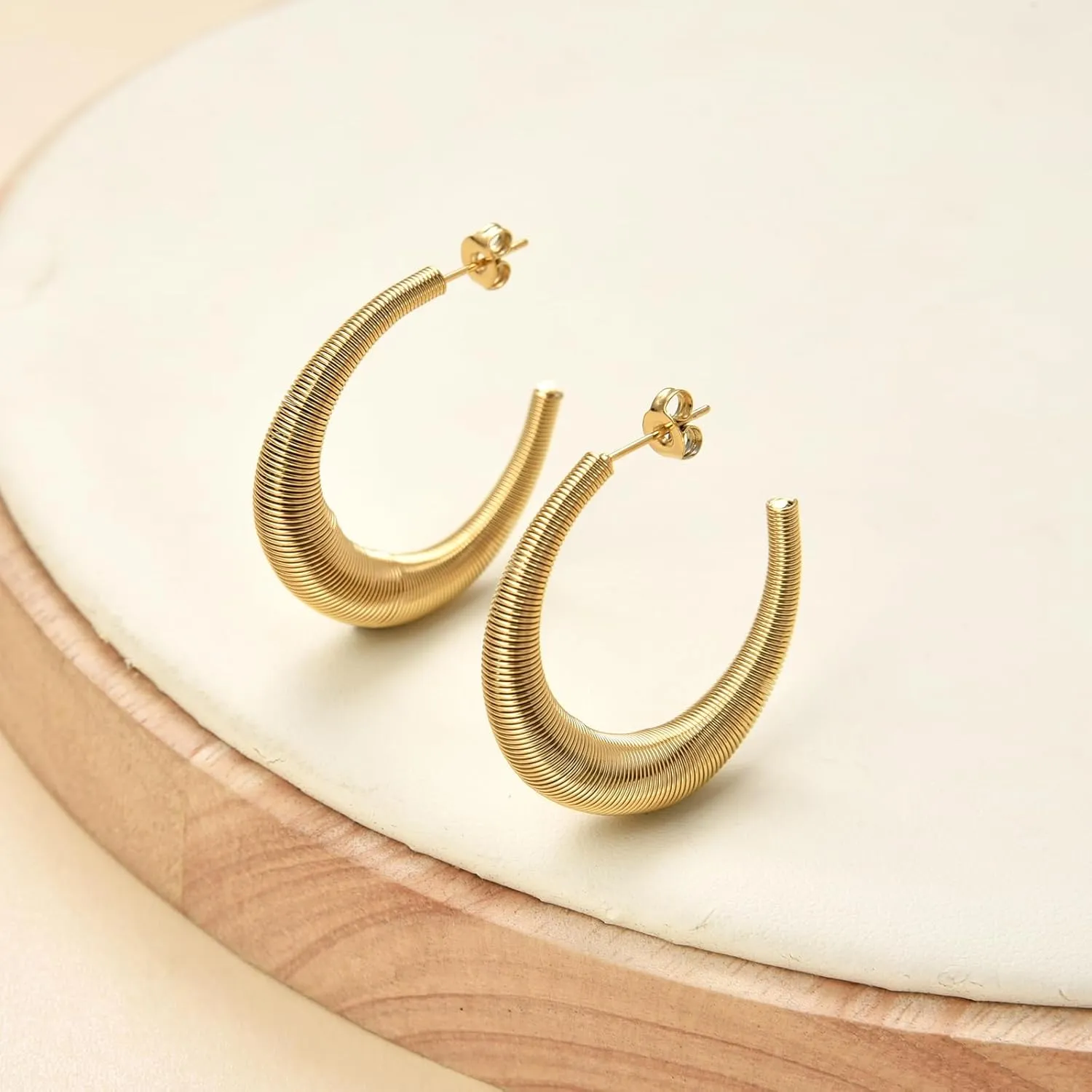 Coil Spring Hoop Earrings For Women, 18K Gold Plated Stainless steel Hoop Huggie Earrings Chunky Twisted Bamboo