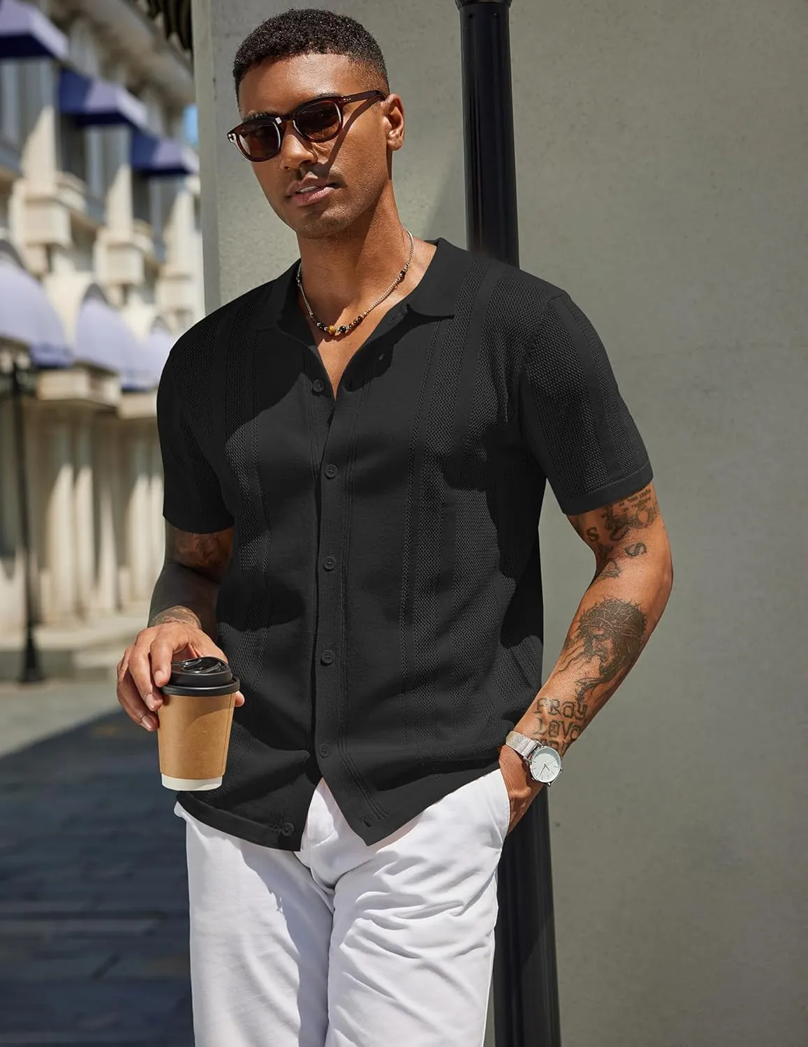 COOFANDY Men's Knit Shirts Short Sleeve Button Down Polo Shirt Vintage Casual Beach Shirt Summer Tops