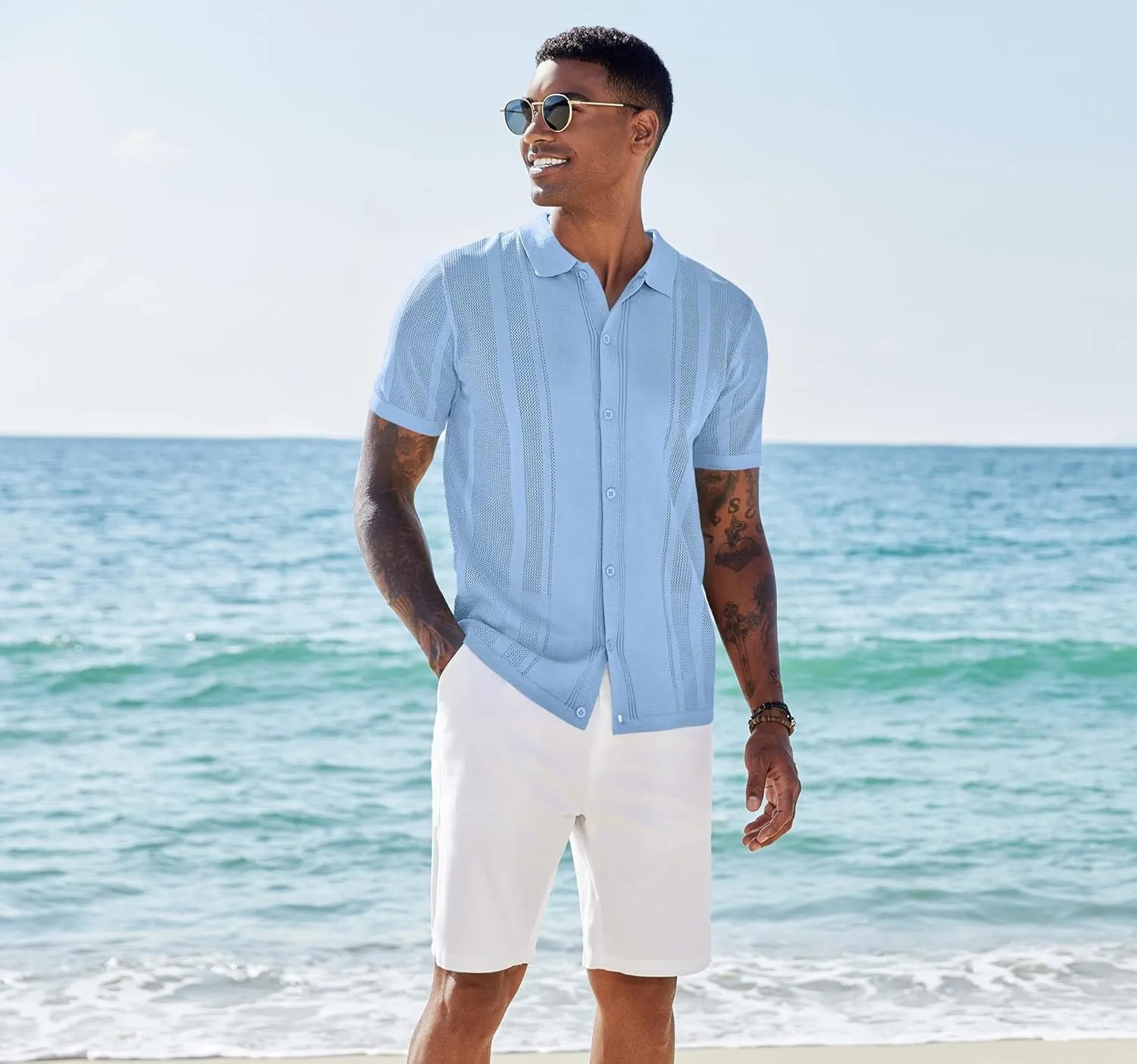 COOFANDY Men's Knit Shirts Short Sleeve Button Down Polo Shirt Vintage Casual Beach Shirt Summer Tops