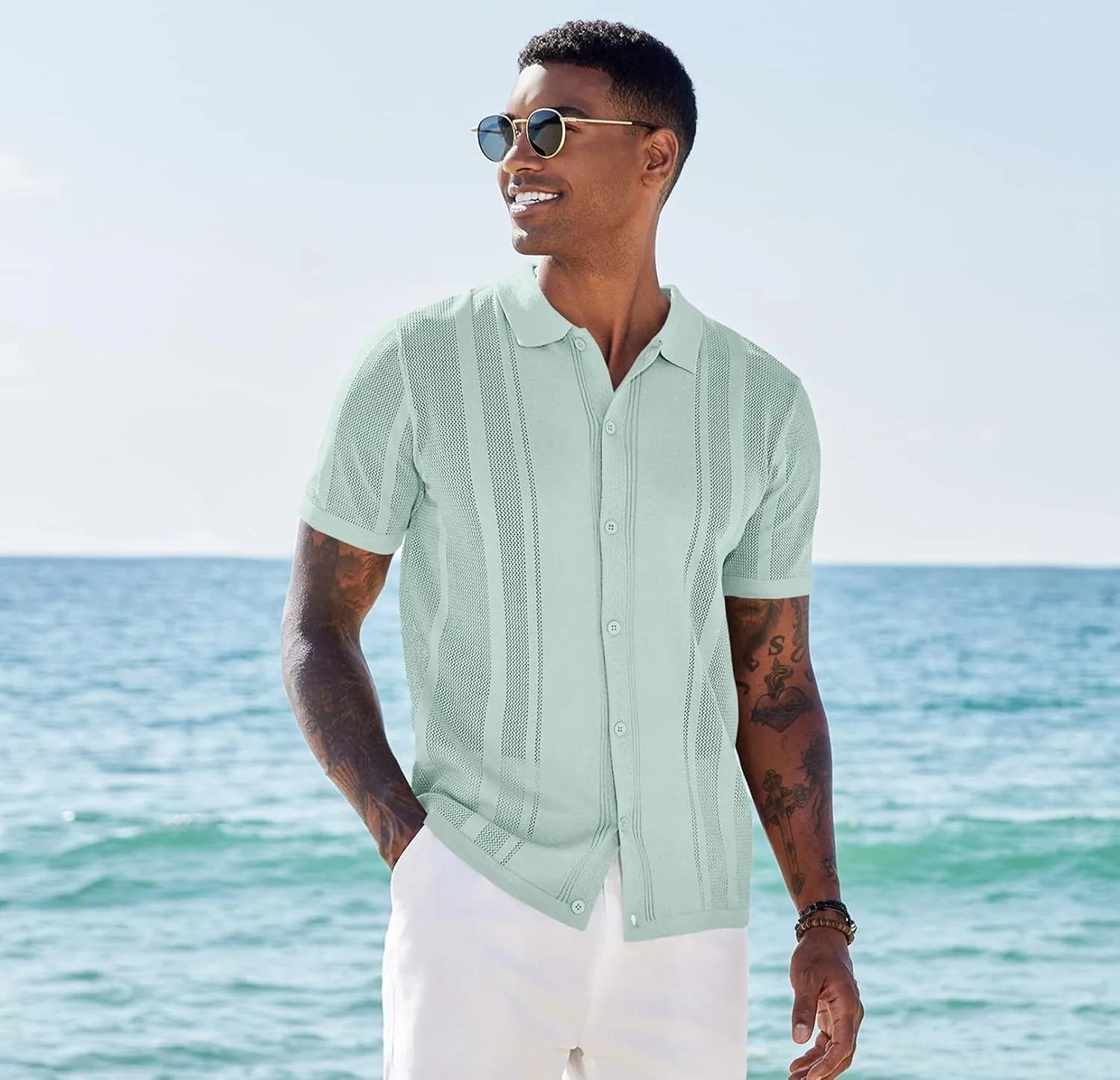 COOFANDY Men's Knit Shirts Short Sleeve Button Down Polo Shirt Vintage Casual Beach Shirt Summer Tops