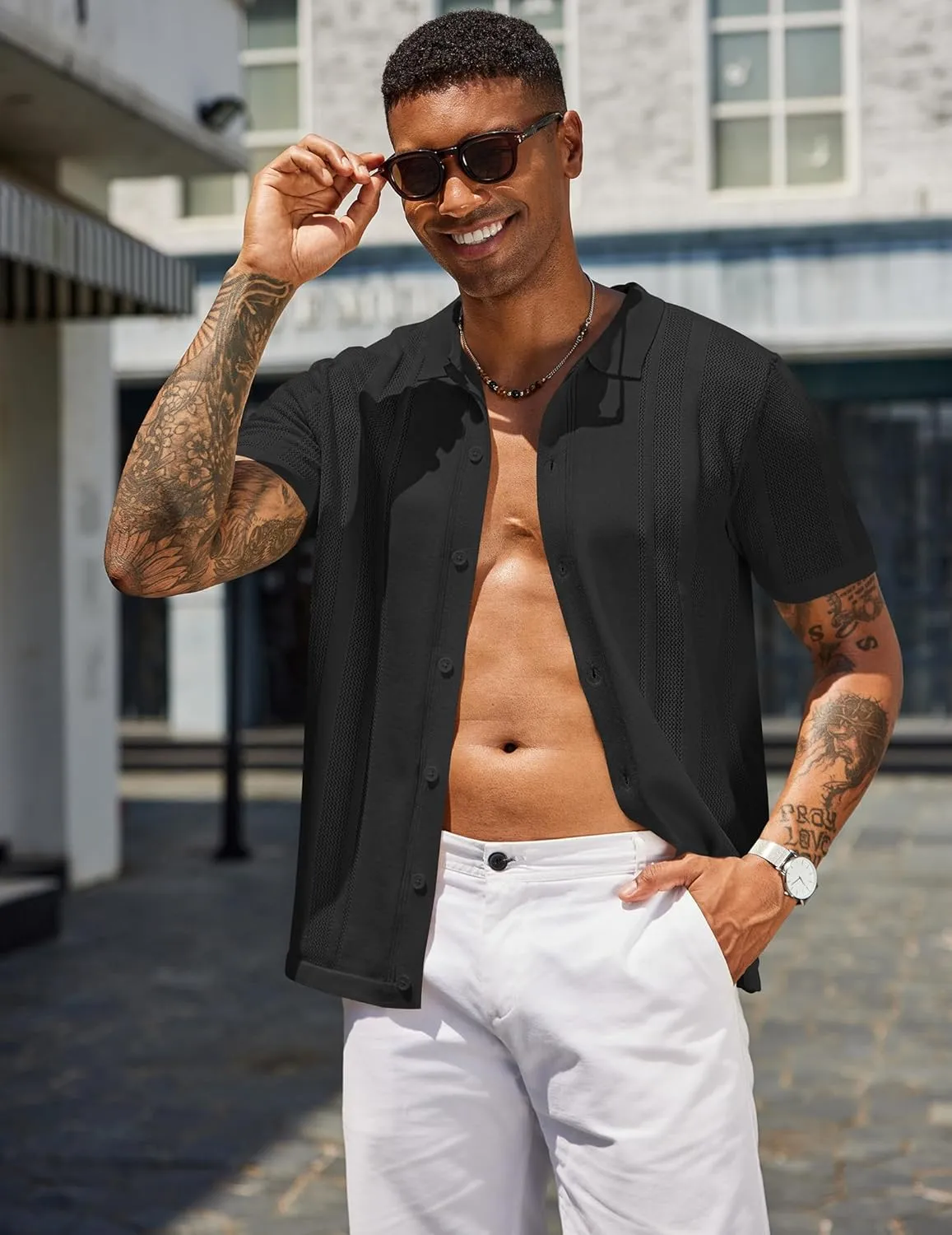 COOFANDY Men's Knit Shirts Short Sleeve Button Down Polo Shirt Vintage Casual Beach Shirt Summer Tops
