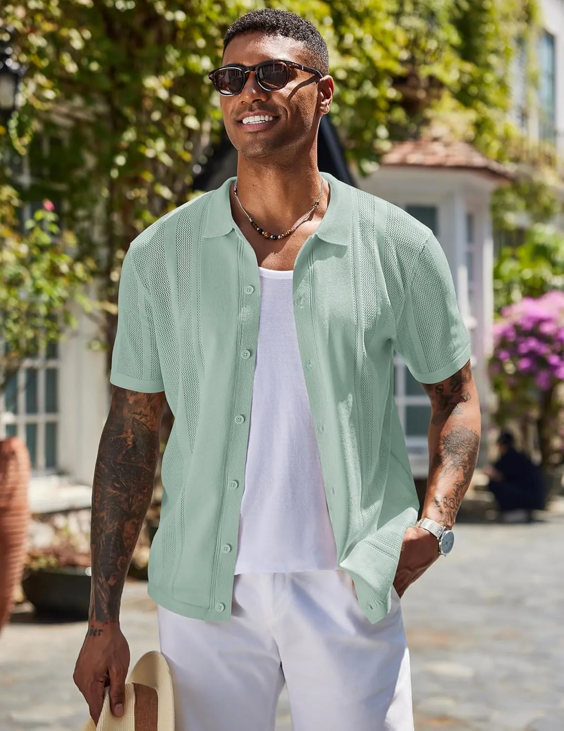 COOFANDY Men's Knit Shirts Short Sleeve Button Down Polo Shirt Vintage Casual Beach Shirt Summer Tops