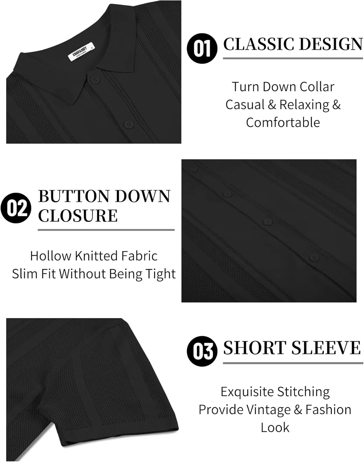 COOFANDY Men's Knit Shirts Short Sleeve Button Down Polo Shirt Vintage Casual Beach Shirt Summer Tops