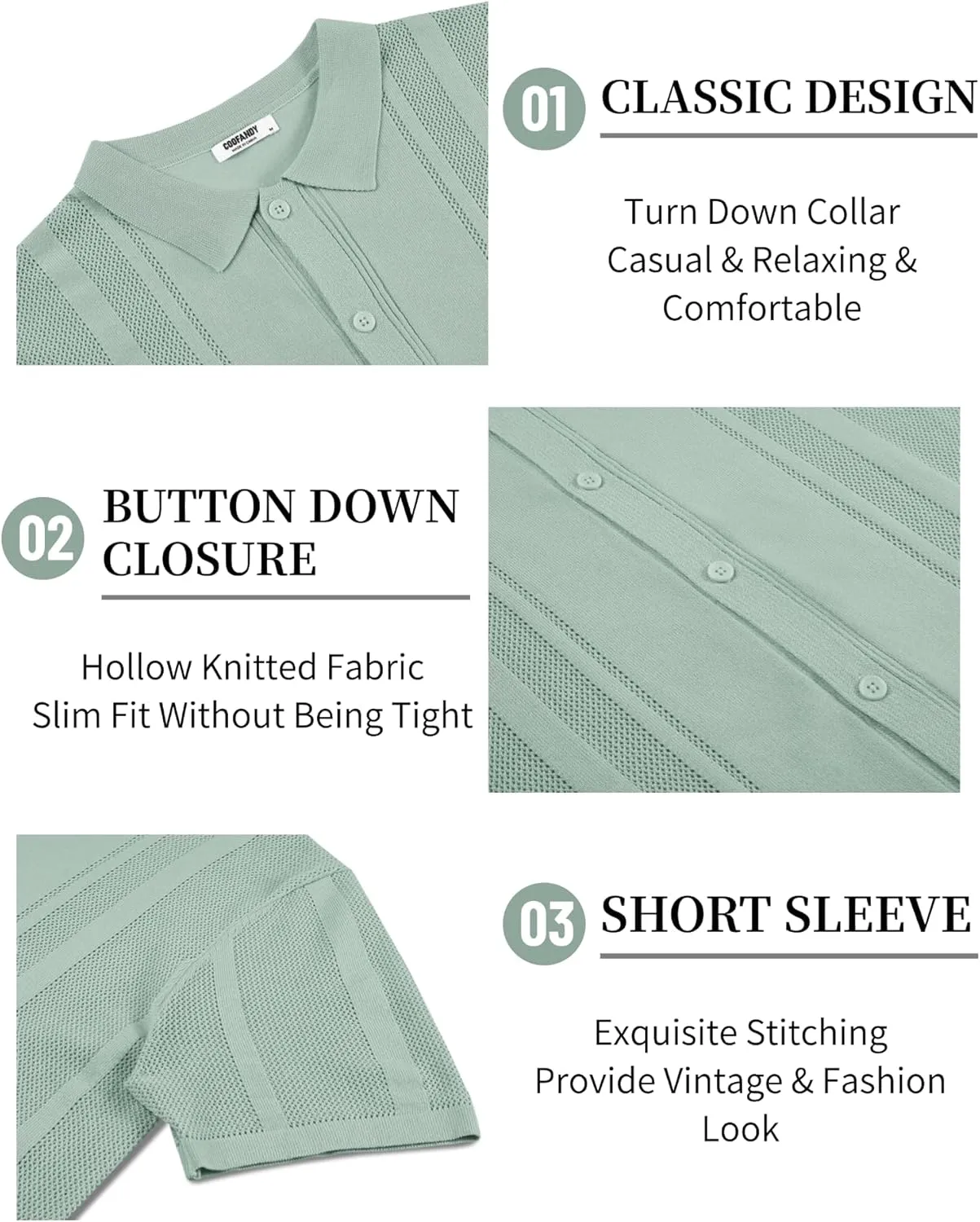 COOFANDY Men's Knit Shirts Short Sleeve Button Down Polo Shirt Vintage Casual Beach Shirt Summer Tops