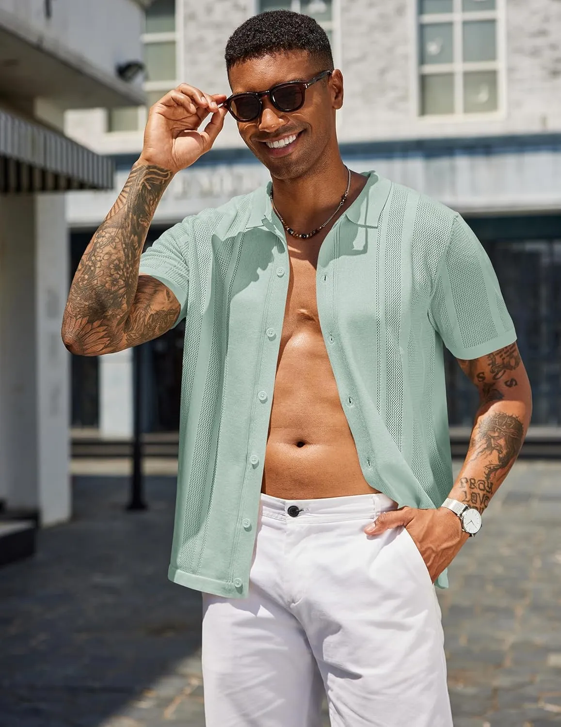 COOFANDY Men's Knit Shirts Short Sleeve Button Down Polo Shirt Vintage Casual Beach Shirt Summer Tops
