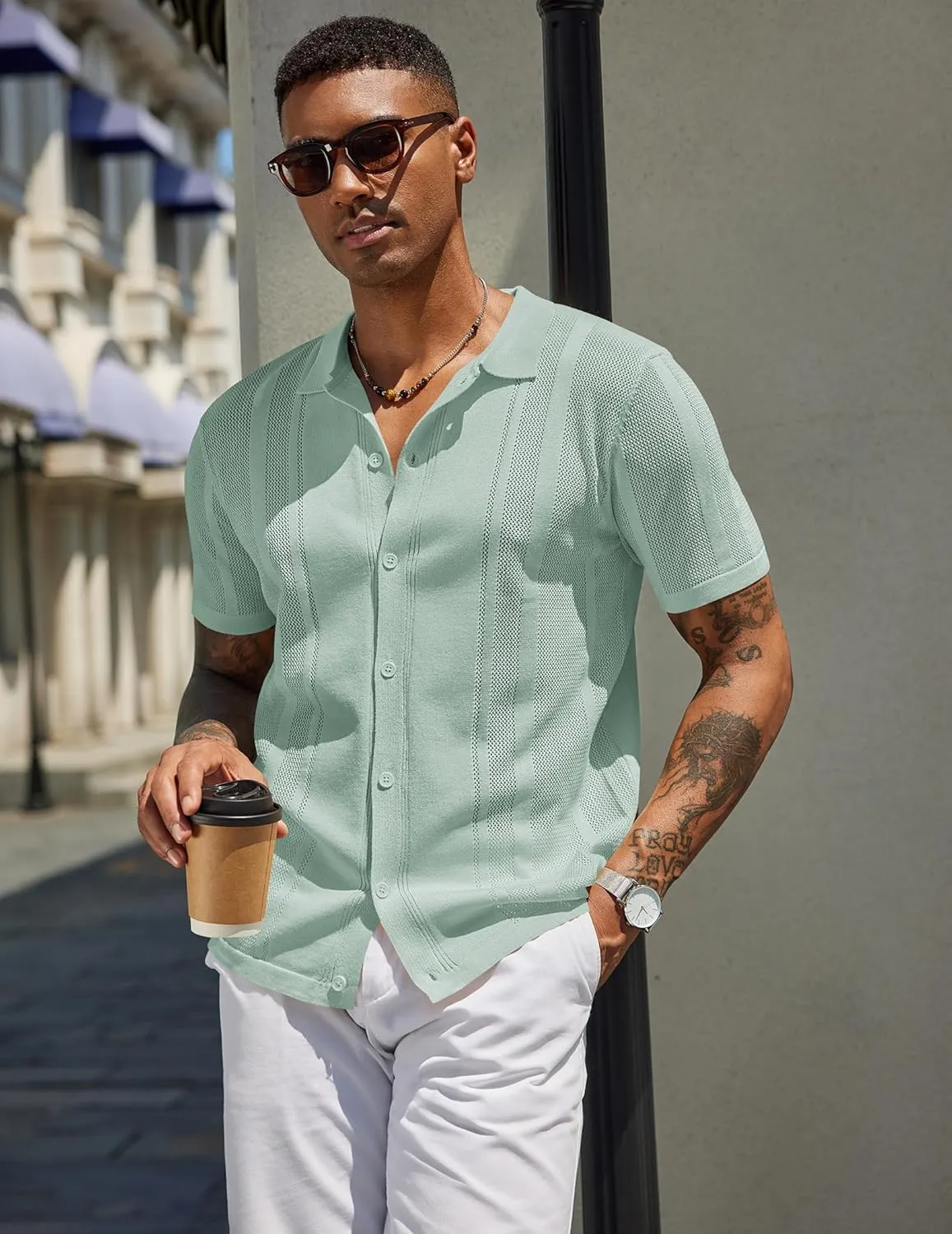 COOFANDY Men's Knit Shirts Short Sleeve Button Down Polo Shirt Vintage Casual Beach Shirt Summer Tops