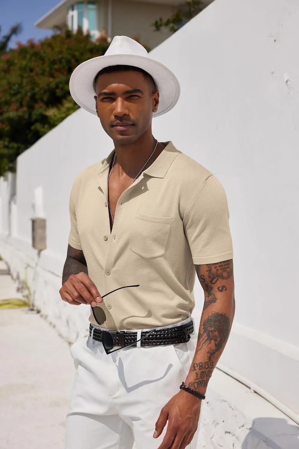 COOFANDY Mens Short Sleeve Knit Shirts Button Down Vintage Polo Casual Beach Shirts