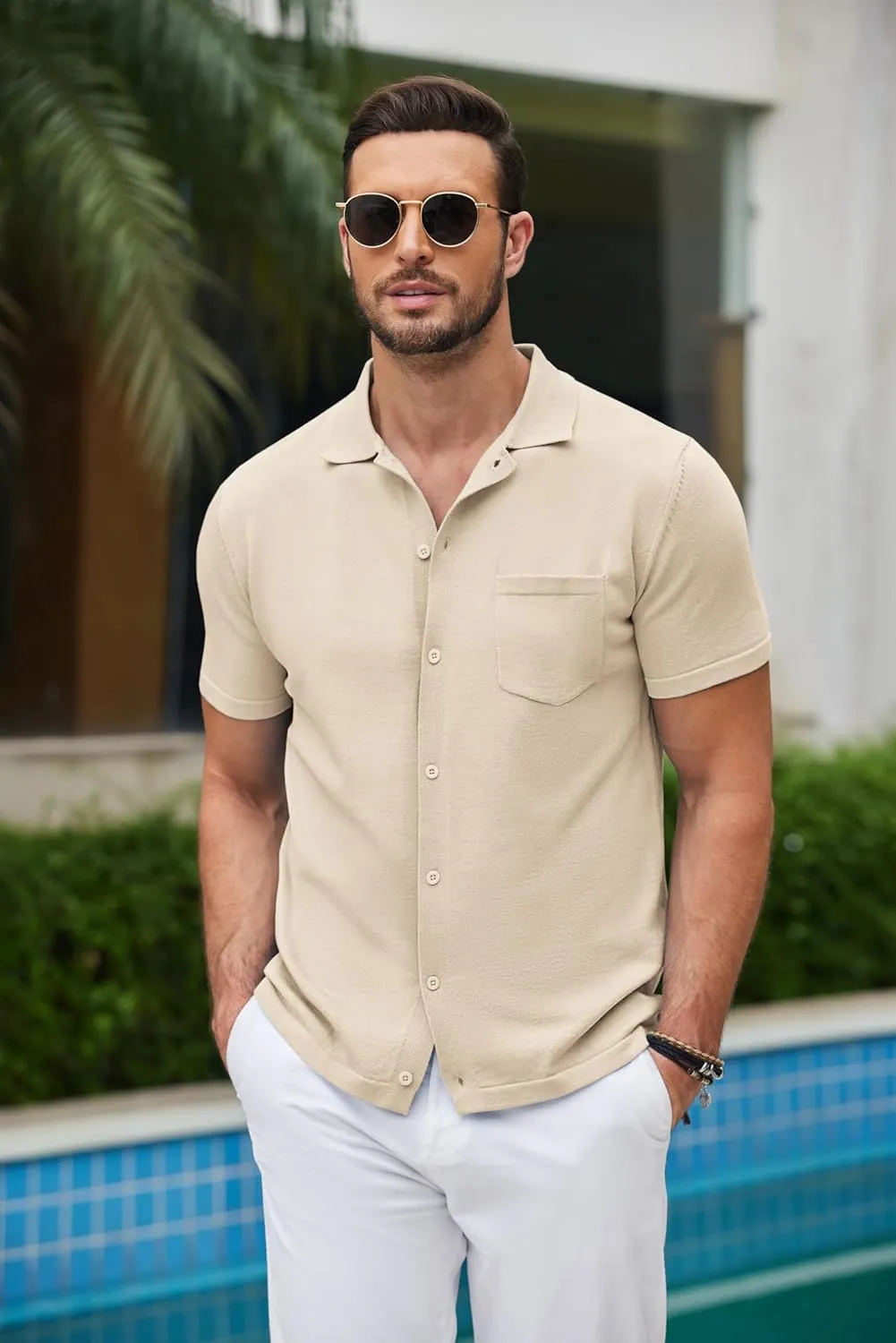 COOFANDY Mens Short Sleeve Knit Shirts Button Down Vintage Polo Casual Beach Shirts