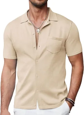 COOFANDY Mens Short Sleeve Knit Shirts Button Down Vintage Polo Casual Beach Shirts