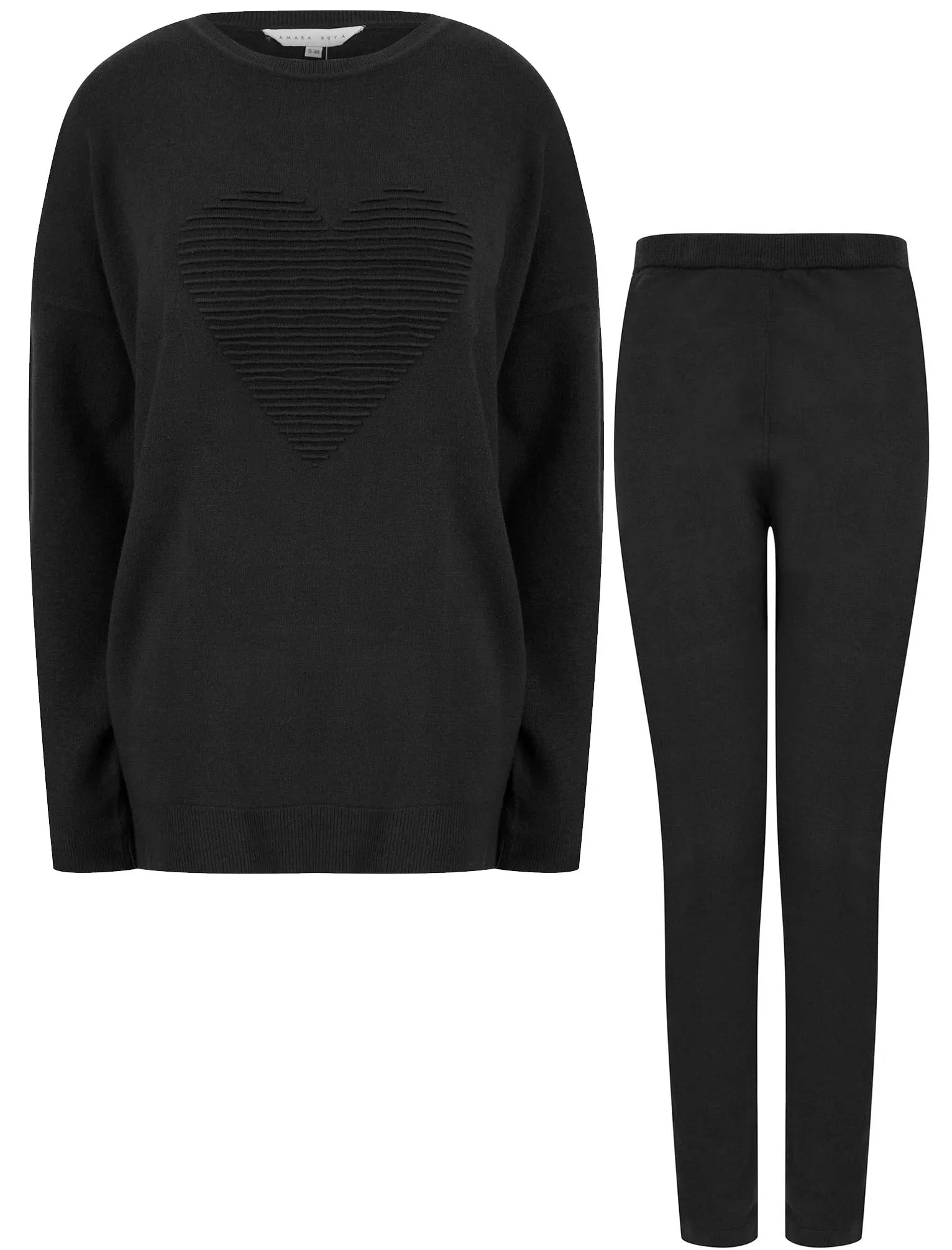 Darcey Love Heart Motif 2 Pc Jersey Knit Top / Pants Lounge Set in Jet Black - Amara Reya