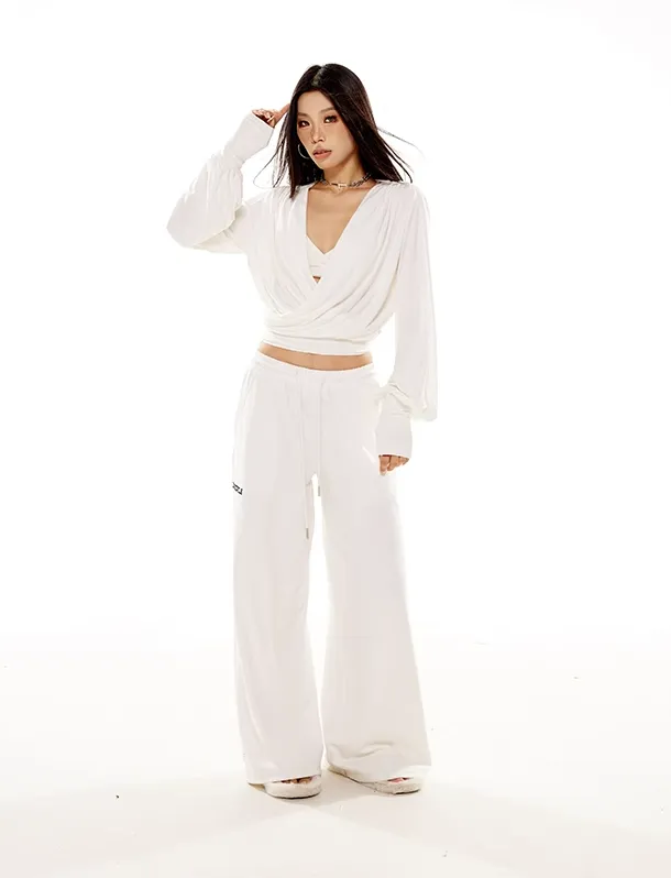 Draped Crossover Long Sleeve Mid-Crop Top