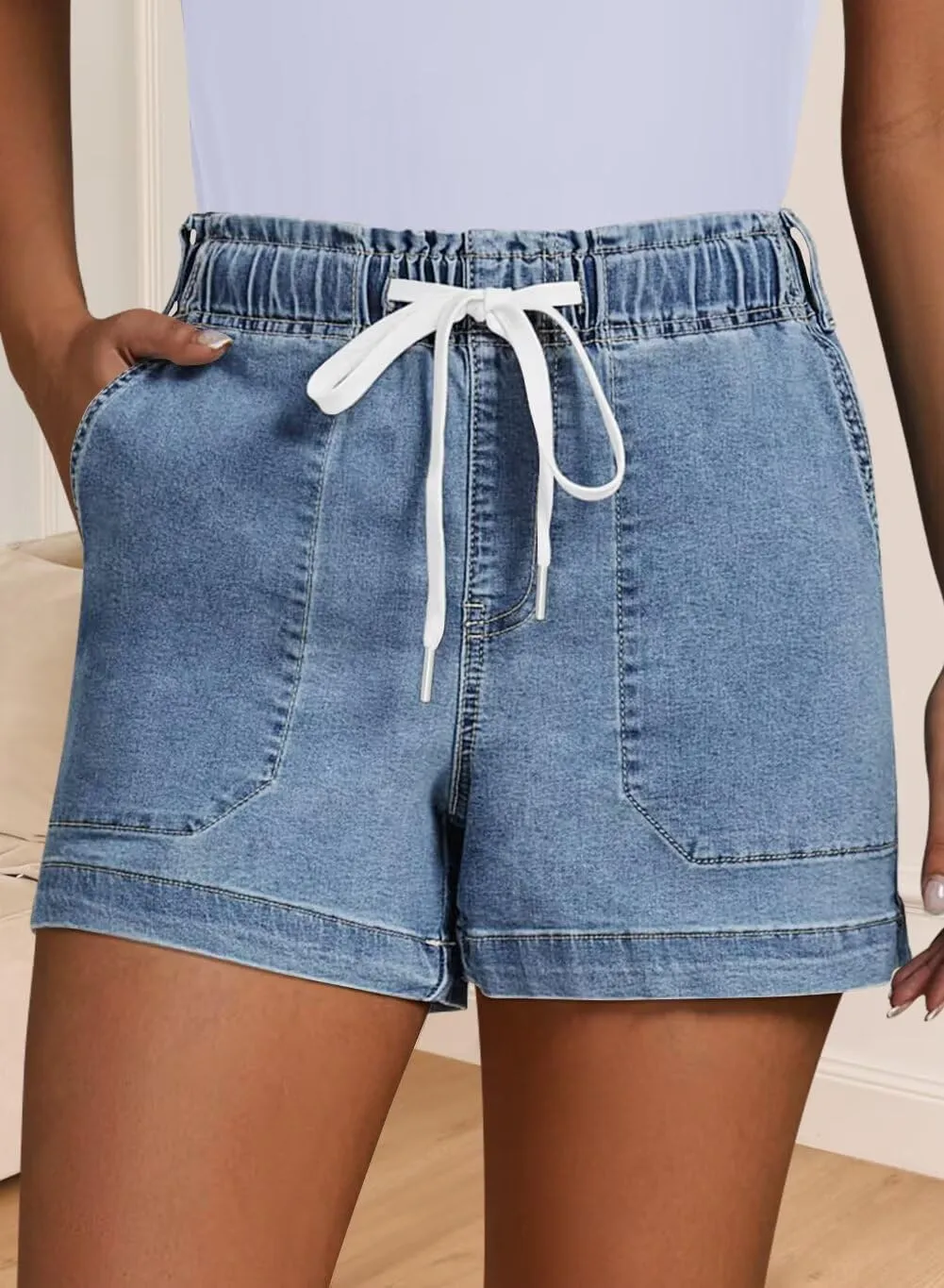 FEKOAFE Womens Stretchy Denim Shorts 2025 Summer Casual Drawstring Elastic Waist Jean Shorts with Pockets