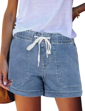 FEKOAFE Womens Stretchy Denim Shorts 2025 Summer Casual Drawstring Elastic Waist Jean Shorts with Pockets