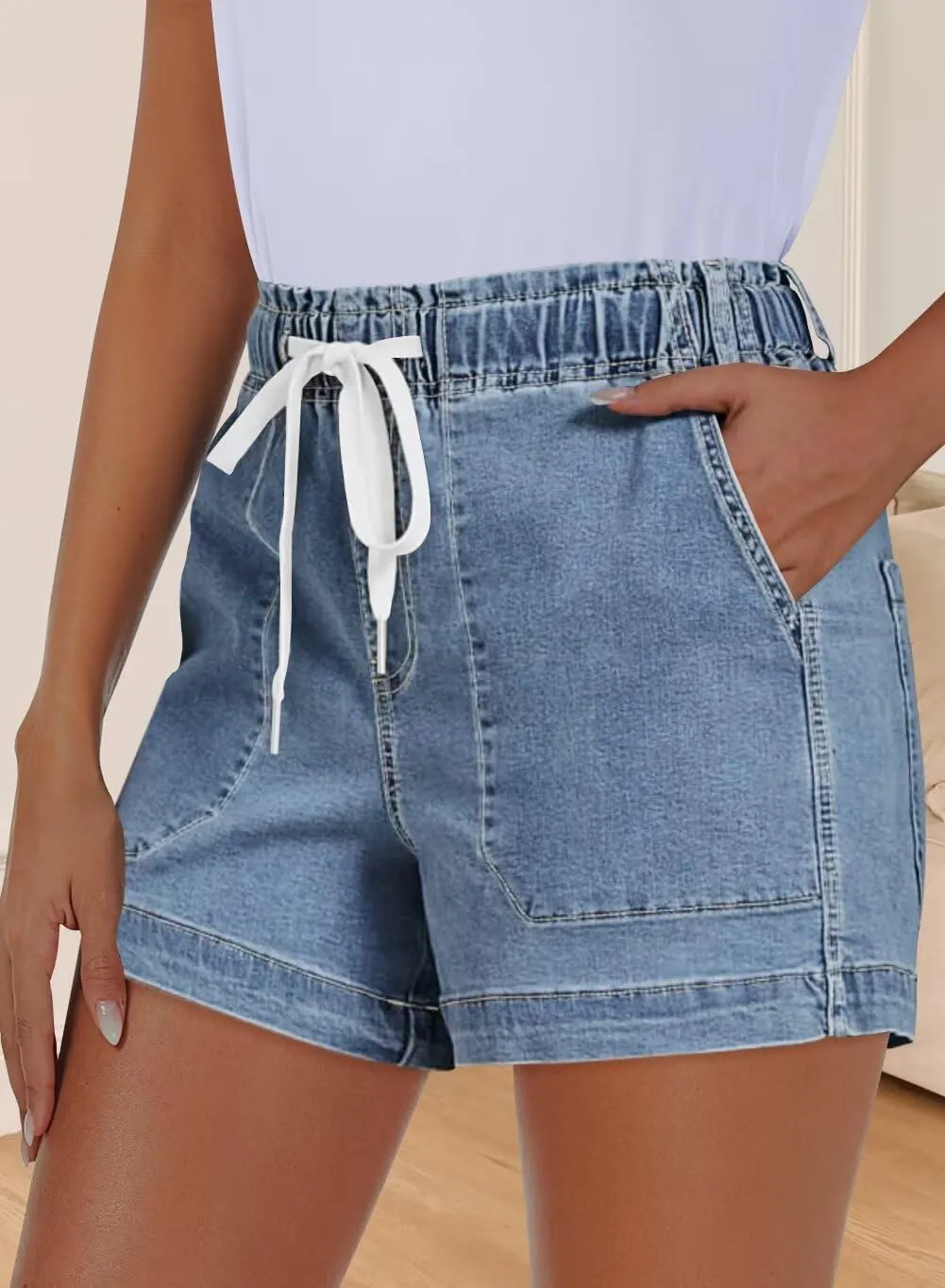 FEKOAFE Womens Stretchy Denim Shorts 2025 Summer Casual Drawstring Elastic Waist Jean Shorts with Pockets