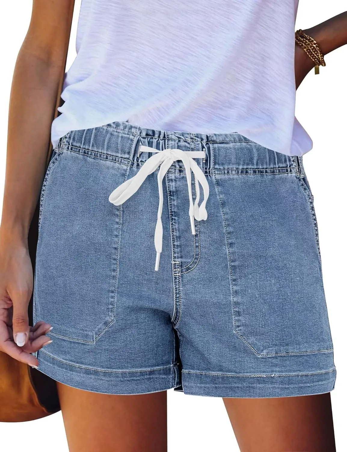 FEKOAFE Womens Stretchy Denim Shorts 2025 Summer Casual Drawstring Elastic Waist Jean Shorts with Pockets