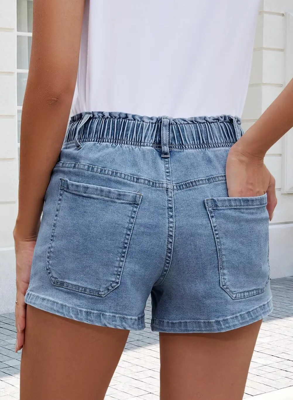 FEKOAFE Womens Stretchy Denim Shorts 2025 Summer Casual Drawstring Elastic Waist Jean Shorts with Pockets