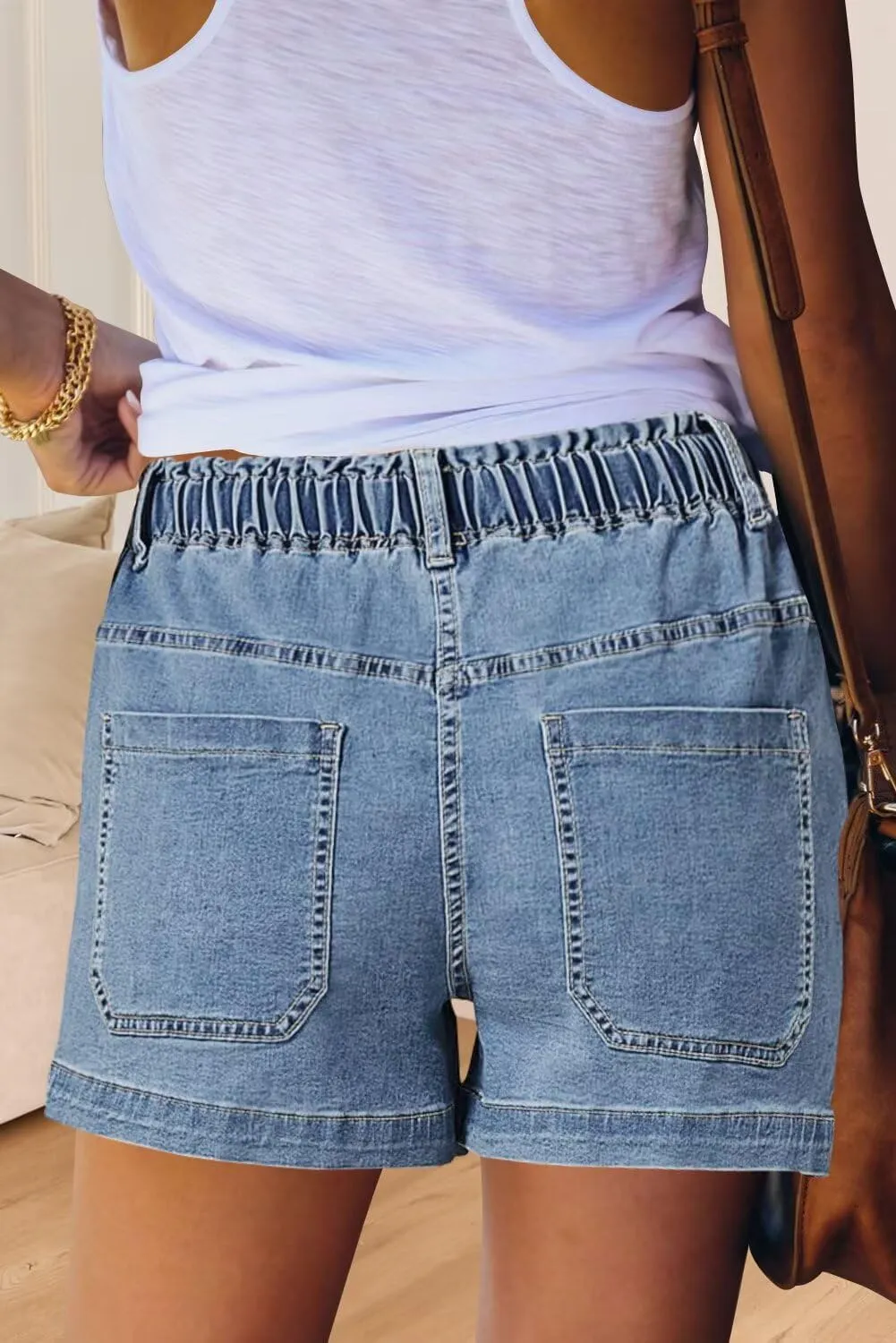 FEKOAFE Womens Stretchy Denim Shorts 2025 Summer Casual Drawstring Elastic Waist Jean Shorts with Pockets