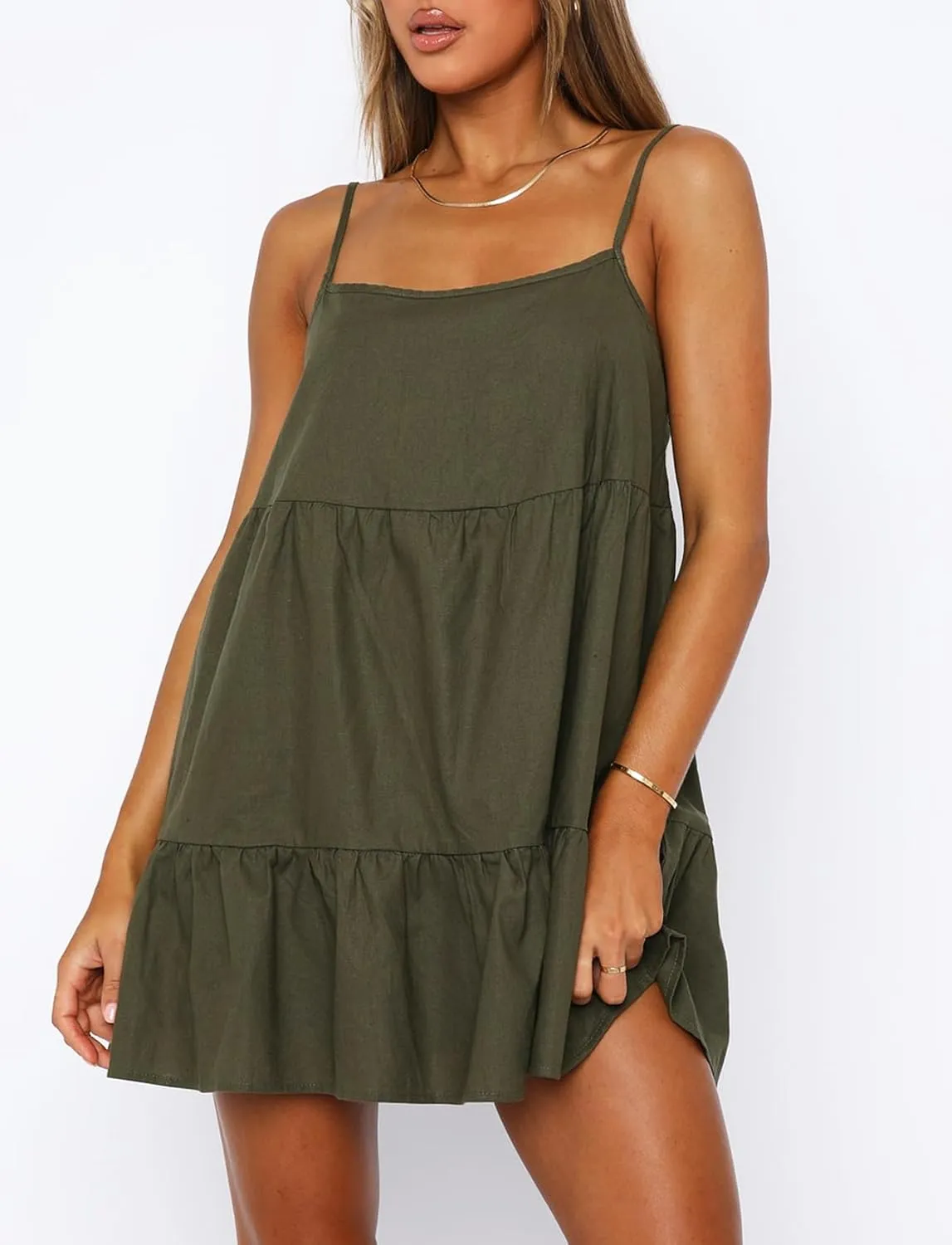 Flowy Short Sundress Mini Babydoll Dresses for Women Going Out Tiered Ruffle Beach Spaghetti Strap Swing Dress Cute