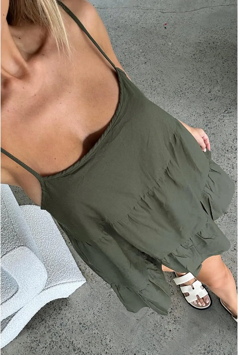 Flowy Short Sundress Mini Babydoll Dresses for Women Going Out Tiered Ruffle Beach Spaghetti Strap Swing Dress Cute