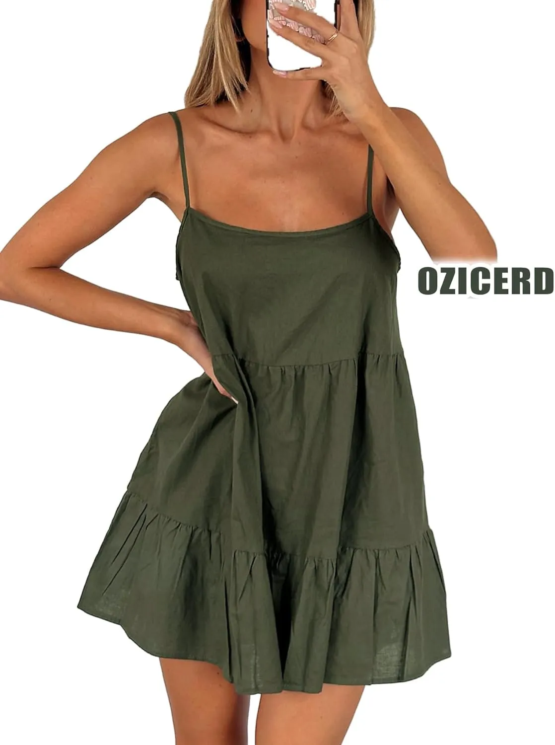 Flowy Short Sundress Mini Babydoll Dresses for Women Going Out Tiered Ruffle Beach Spaghetti Strap Swing Dress Cute