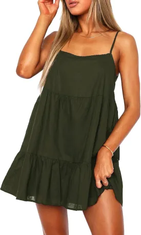 Flowy Short Sundress Mini Babydoll Dresses for Women Going Out Tiered Ruffle Beach Spaghetti Strap Swing Dress Cute