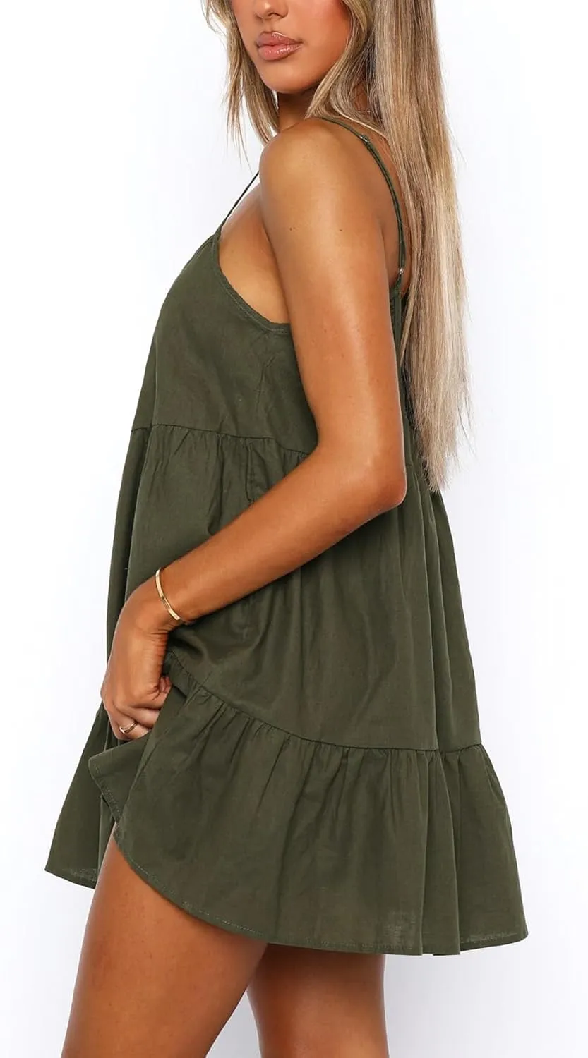 Flowy Short Sundress Mini Babydoll Dresses for Women Going Out Tiered Ruffle Beach Spaghetti Strap Swing Dress Cute