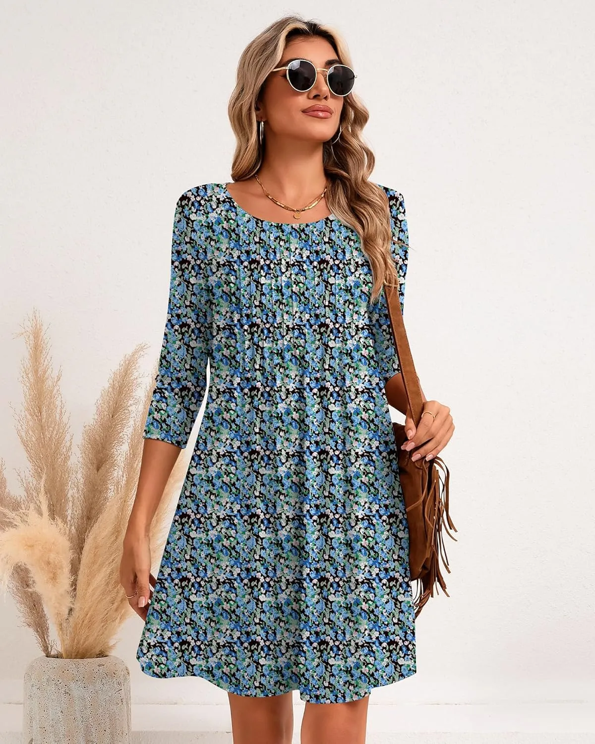 Huukeay Dresses for Women 3/4 Sleeve Crew Neck Casual Tunic Swing 2025 Dress Knee Length Pleated Fitted T Shirt Dress