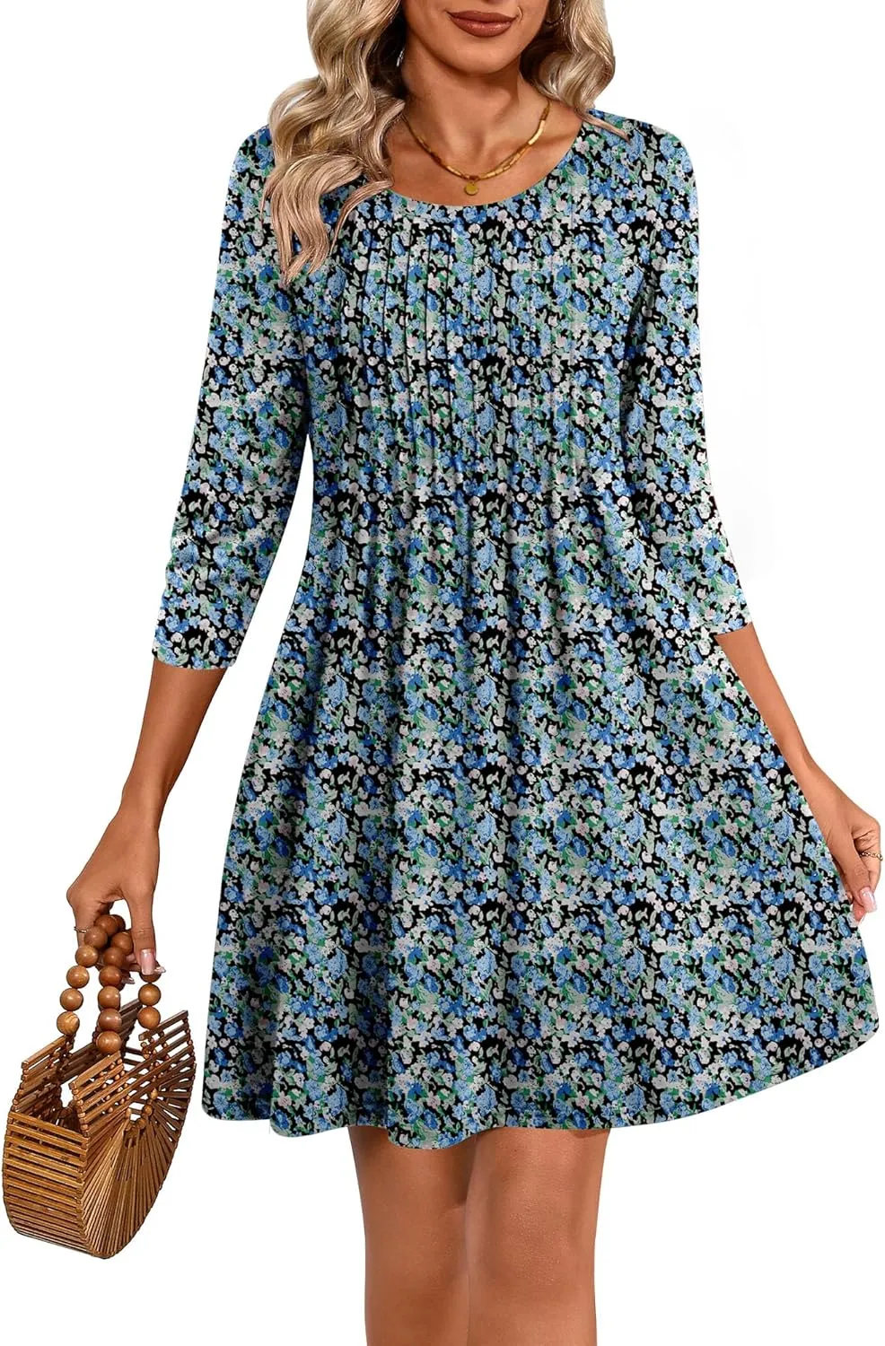 Huukeay Dresses for Women 3/4 Sleeve Crew Neck Casual Tunic Swing 2025 Dress Knee Length Pleated Fitted T Shirt Dress