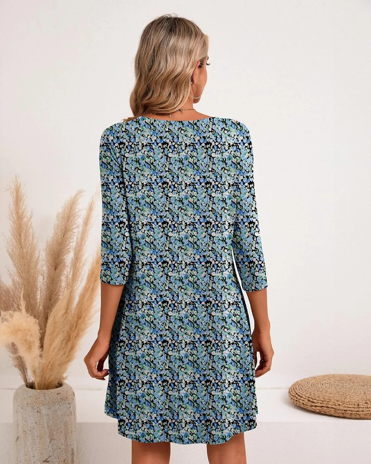 Huukeay Dresses for Women 3/4 Sleeve Crew Neck Casual Tunic Swing 2025 Dress Knee Length Pleated Fitted T Shirt Dress